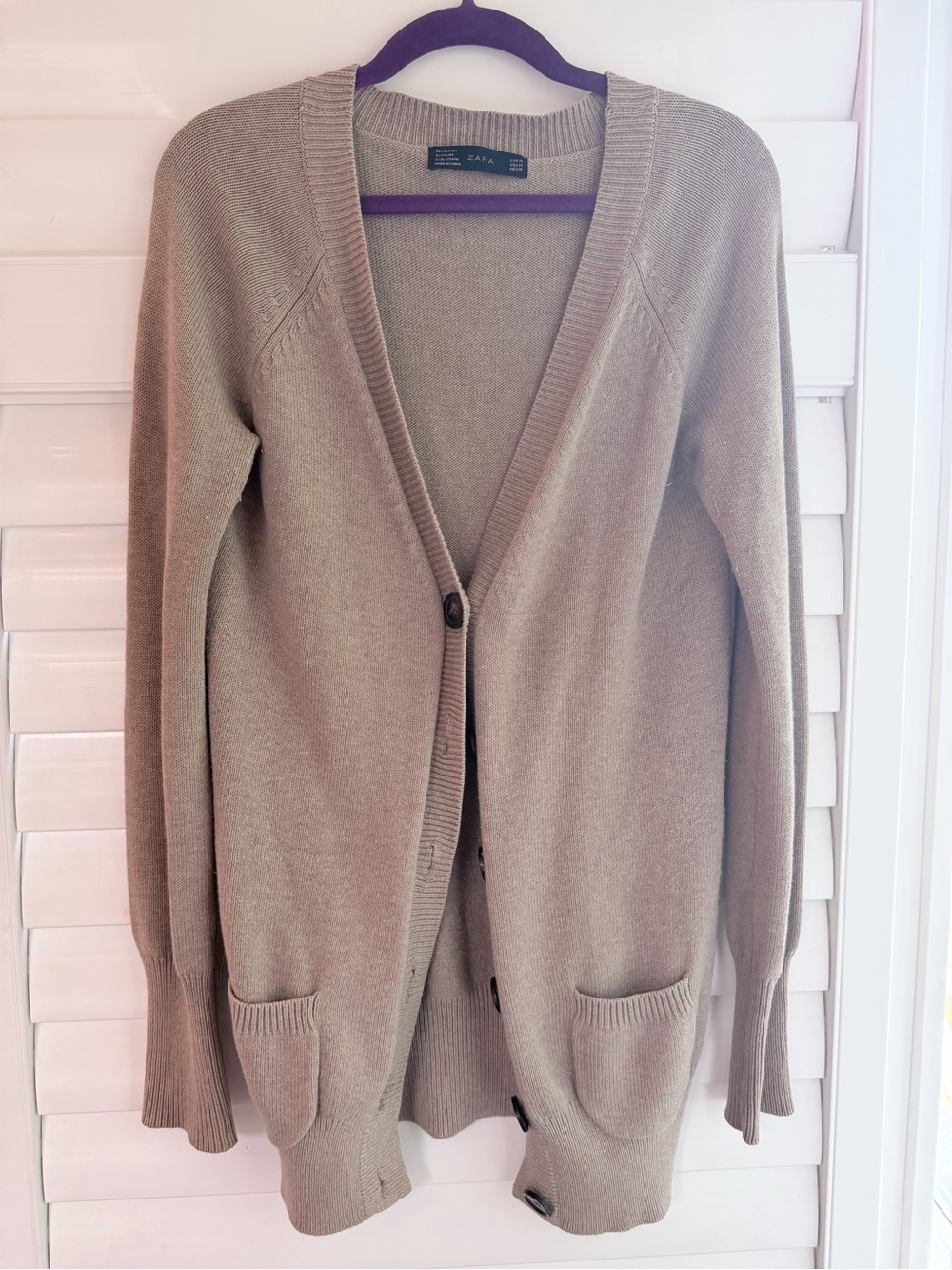ZARA Taupe Longline cotton knit V-Neck Cardigan Sweater